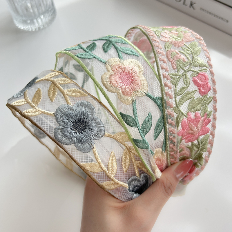 エレガントな刺繍花のヘアバンド女性のための甘いシフォン髪飾るヘッドバンドヘアフープバンドファッションヘアアクセサリー