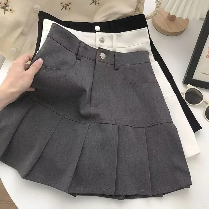 Y2K ヴィンテージハイウエストプリーツスカート女性カレッジスタイルの制服安全パンツミニスカート女性韓国ストリートスリム A ラインスカート