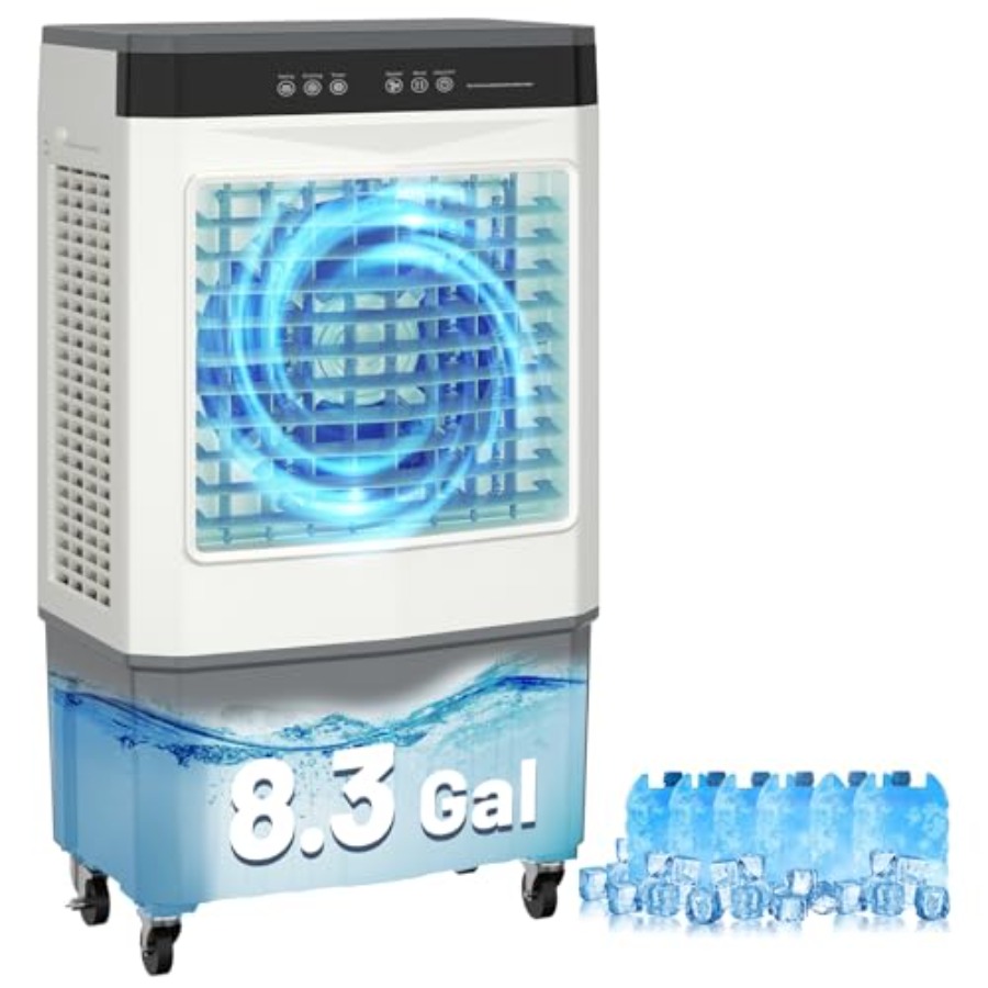 8.3 ガロン蒸発空気クーラー、大型水タンク付き 2800 CFM スワンプクーラー、120 振動、3 風速、ガラストップデザイン、