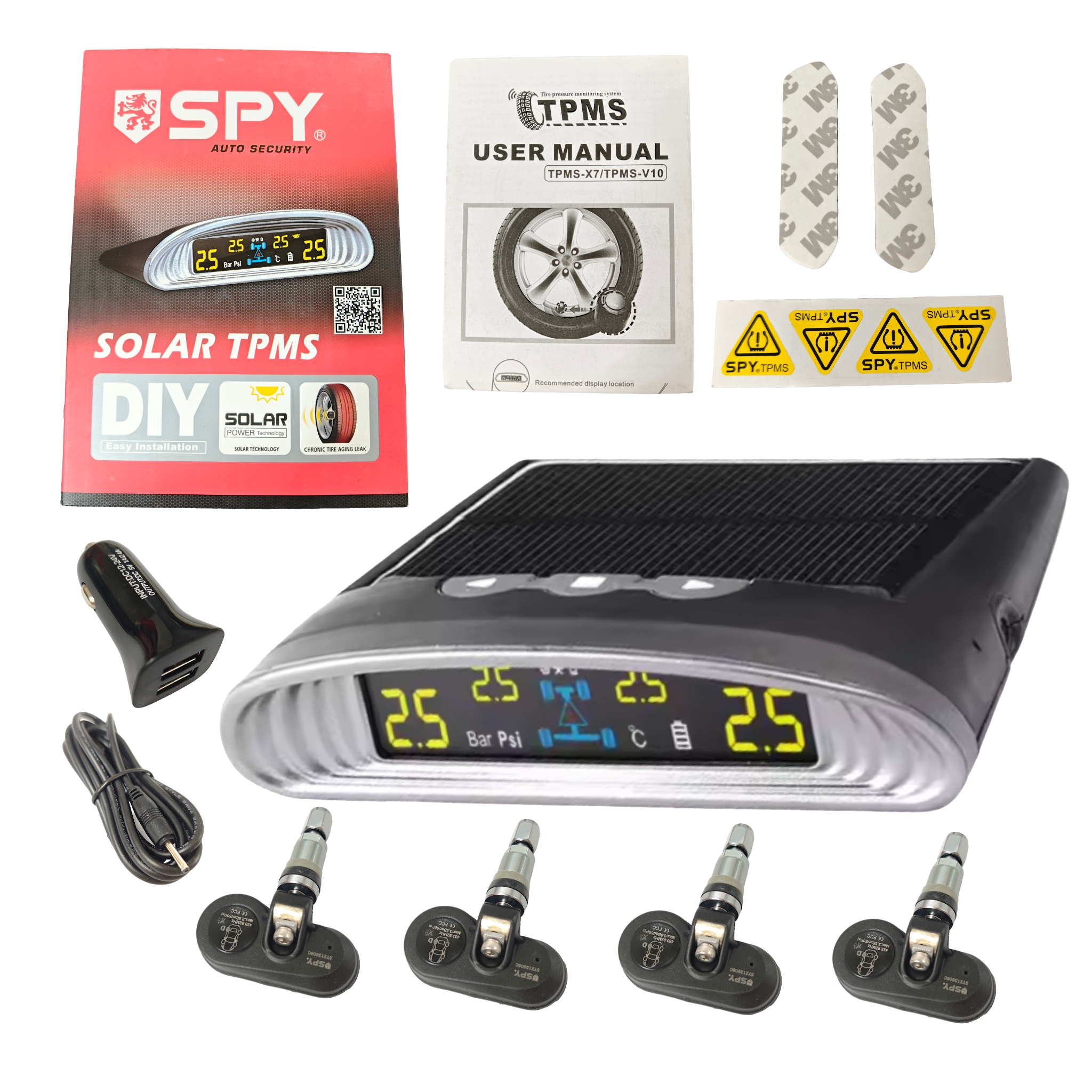 SPY 車 TPMS タイヤ空気圧監視システムソーラーデジタル時計 LCD ディスプレイ車のタイヤ空気圧温度安全警報システム