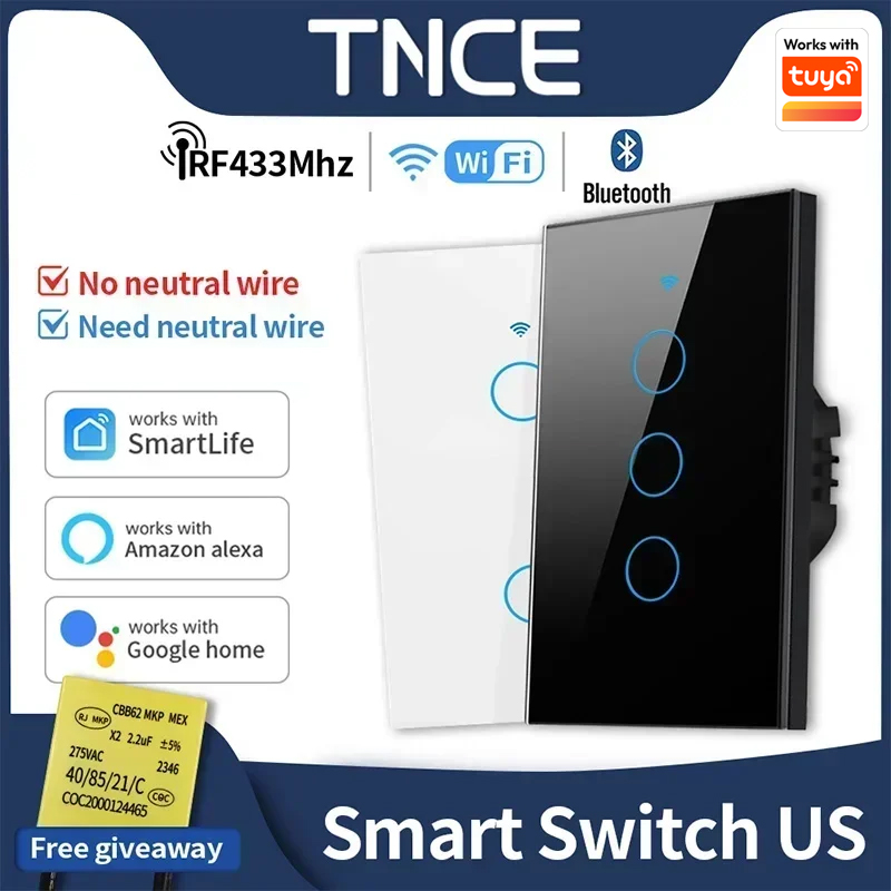 Tuya US WiFi Bluetooth スマート スイッチ 中性線不要 1/2/3/4 ギャング ライト WiFi タッチ スイッチ Alexa Google Home と連携