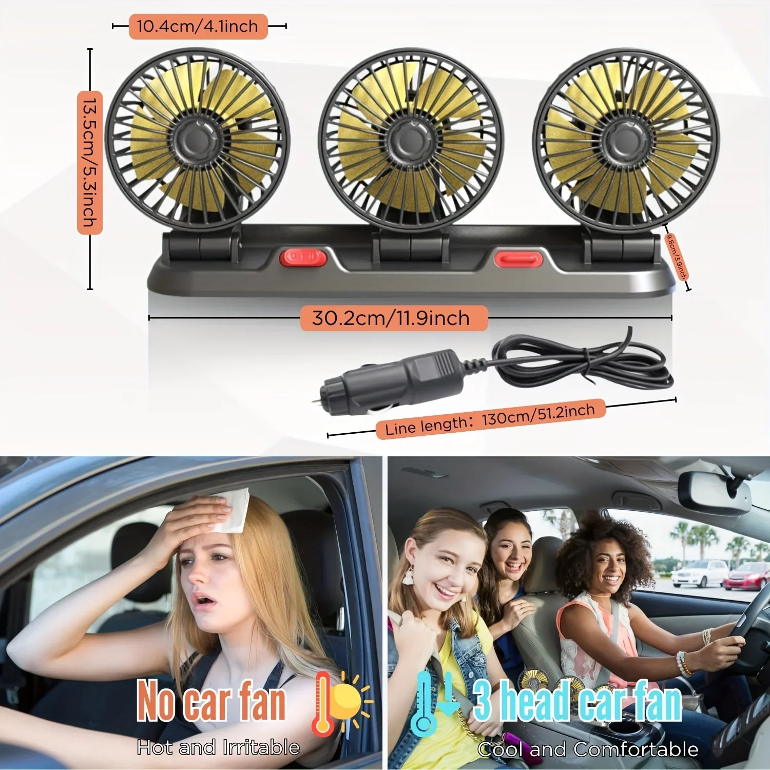 車ファン 360 度調整可能な 3 ヘッド空気ファン自動車扇風機 USB/12V/24V ファン 2 速度車静音ファンホームデスクオフィス用