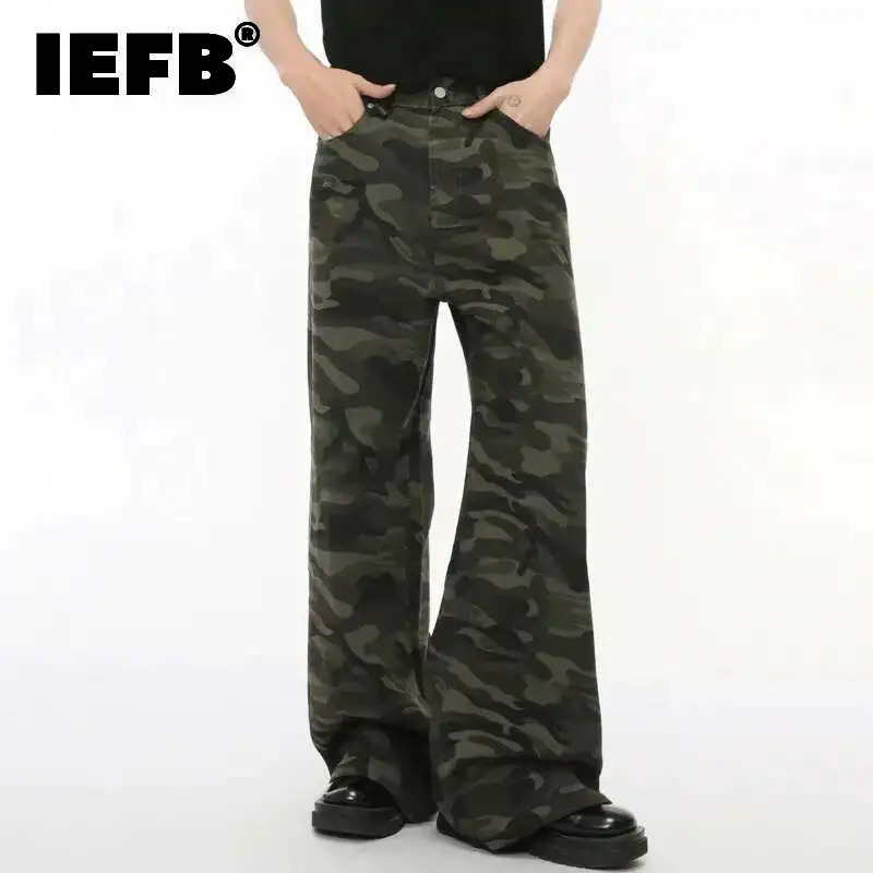 IEFB ヴィンテージ迷彩メンズジーンズファッションウォッシュカジュアルワイドレッグデニムパンツ秋冬ルーズ男性ズボンオールドブルー 9C354