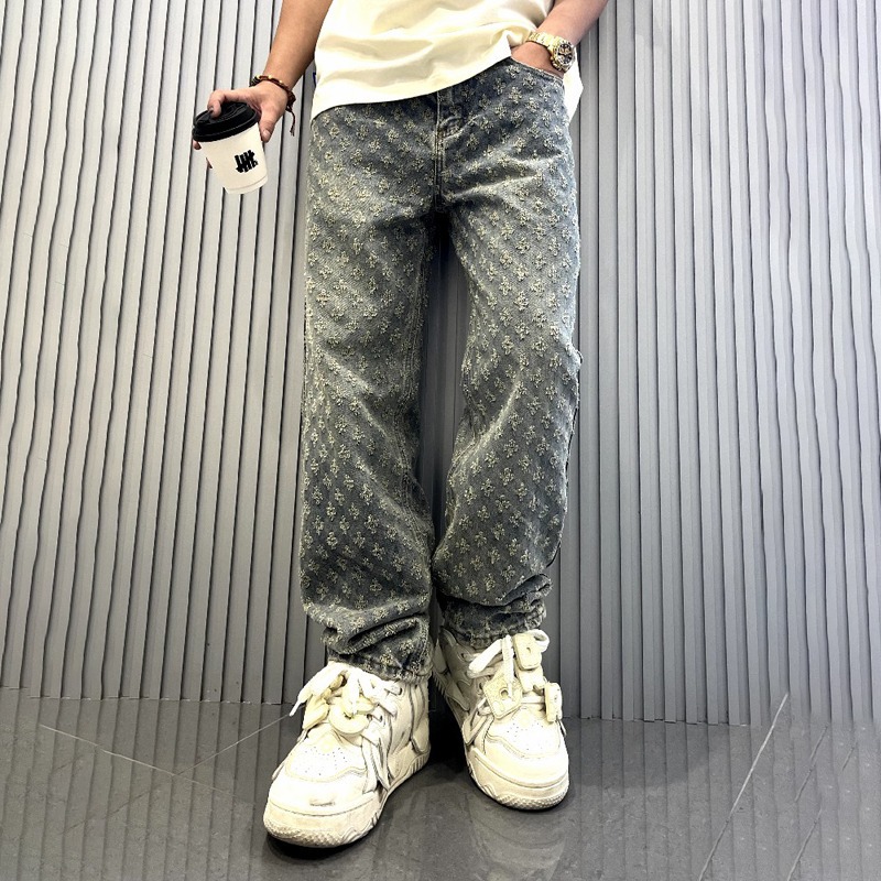 ジャカードパターンデニムパンツ男性ストレートフィットだぶだぶのボトムスユーズド加工ワイドジーンズ男性用