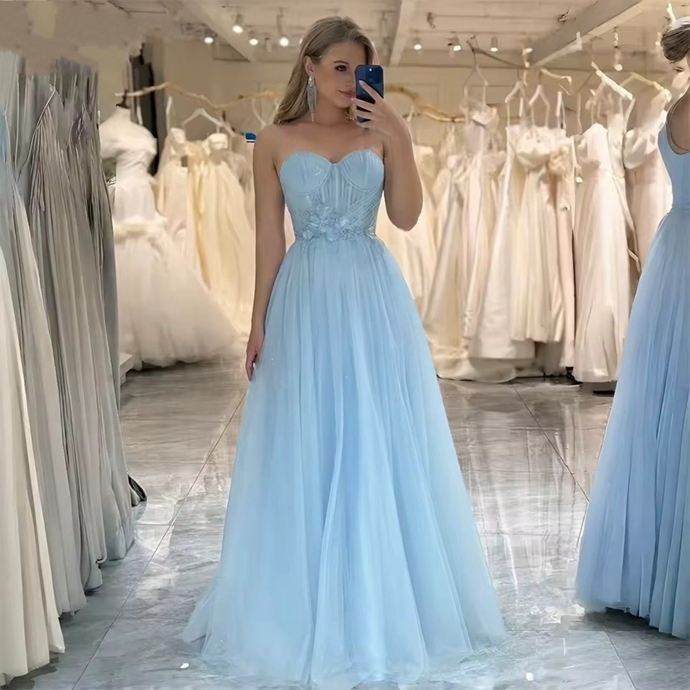 Bomaris ライトブルーロングイブニングパーティードレス Vestidos デフェスタファッション恋人レース A ラインページェントウエディングドレスカスタマイズ