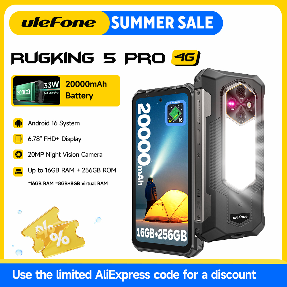 Ulefone RugKing 5 プロ 20000mAh 頑丈な電話 Android 16 16 ギガバイト 256 ギガバイト IP68/IP69K 防水スマートフォン 6.78 FHD ナイトカメラ 4 グラム