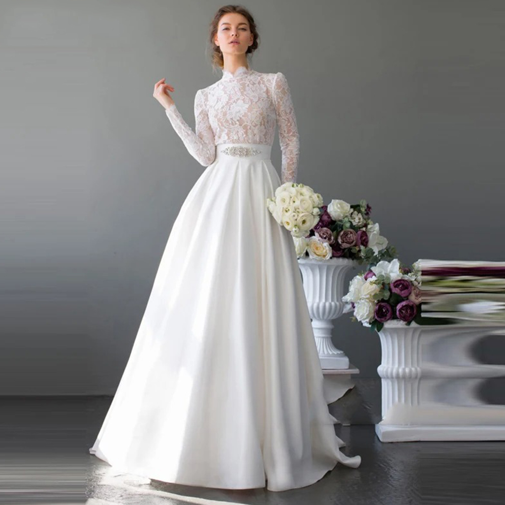 カスタマイズされた絶妙な A ラインイリュージョン新デザインのウェディングドレスレースアップリケ花嫁 Drsee サテンレトロウェディングドレスローブデマリー