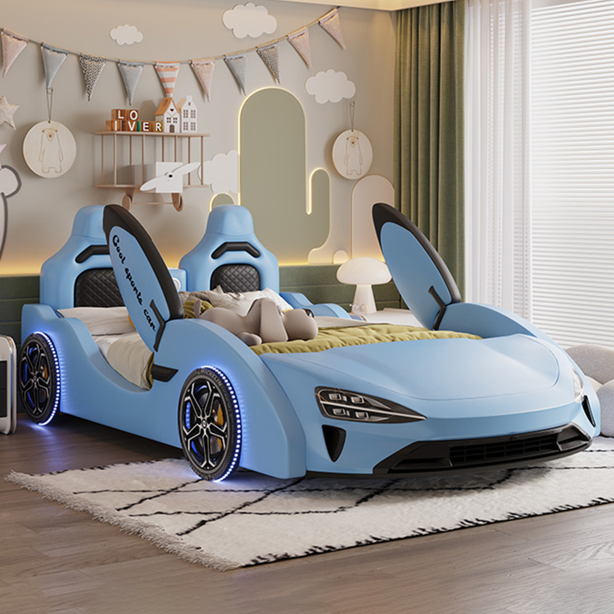 #Luxurious Soft Bed Modern Car Shaped Children's Bed with Upholstery Storage Wood Frame Home Use
