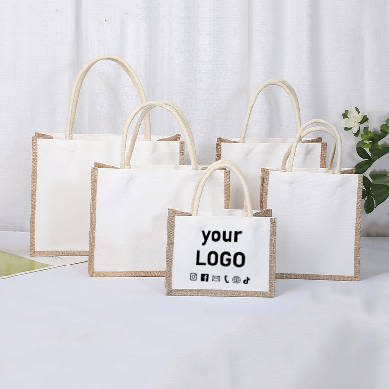 10 カスタムコットンとリネンハンドバッグ、スプライシングバッグ、キャンバスショッピングバッグ、衣類収納バッグ、プリントロゴ