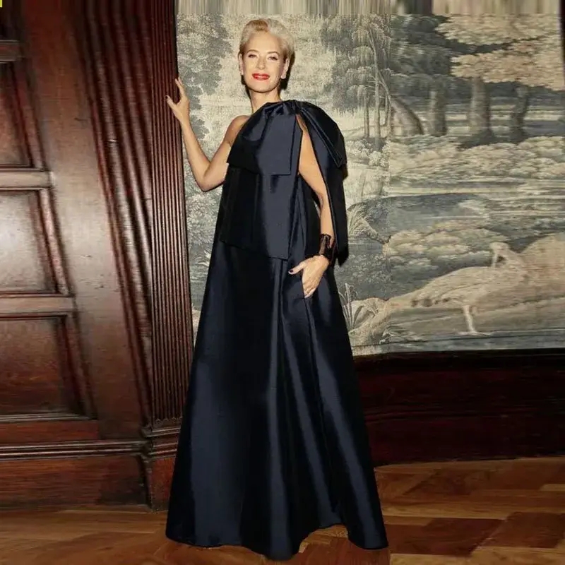 ハイファッションロングパーティードレスの女性ポケット弓サテンウエディングドレス A ライン Vestido デ フィエスタブラックエレガントなウエディングドレスドレープ