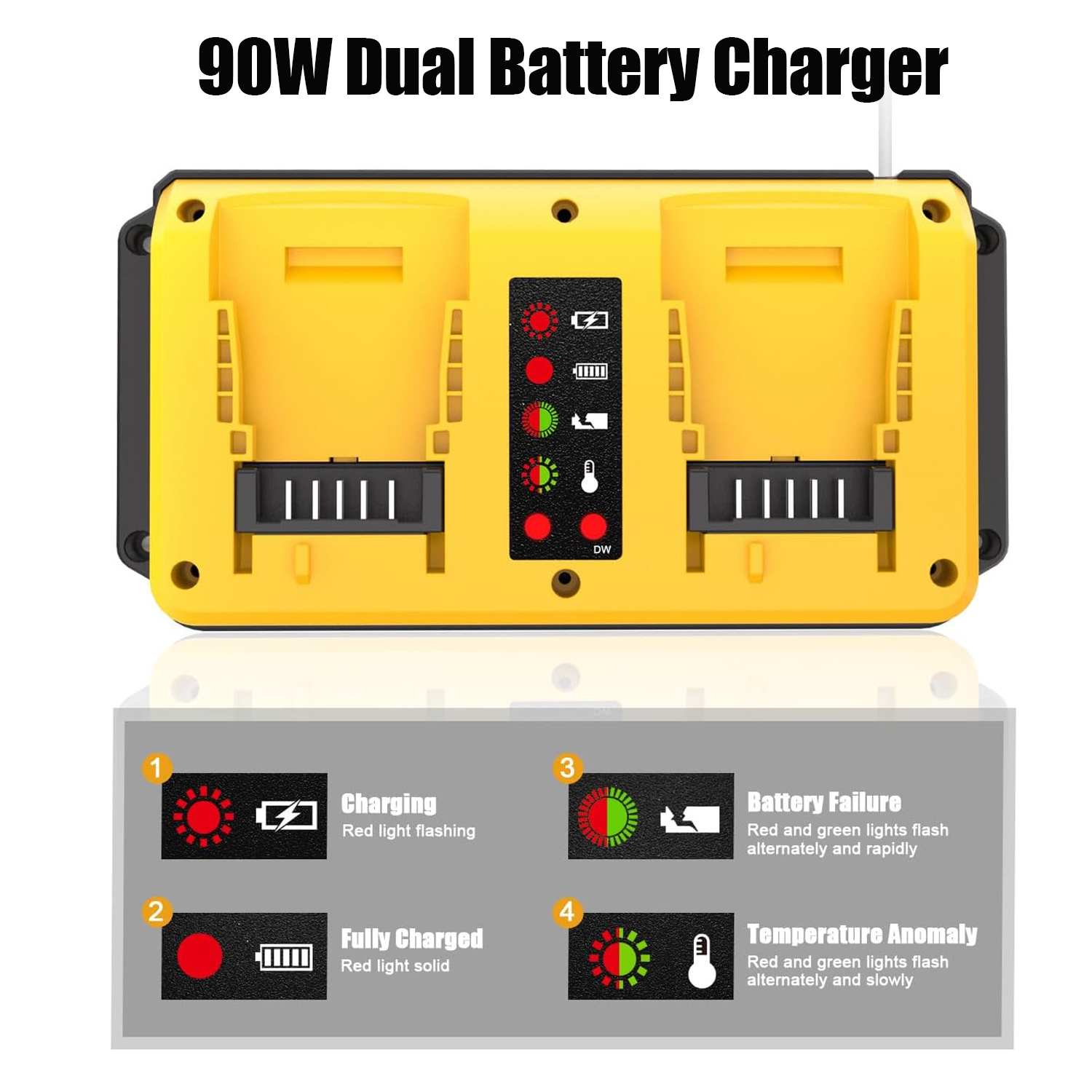 90W 高速デュアルバッテリー充電器の交換 Dewalt 18V 20V リチウム電池充電式 DCB207 DCB206 DCB204 DCB203-バッテリーなし