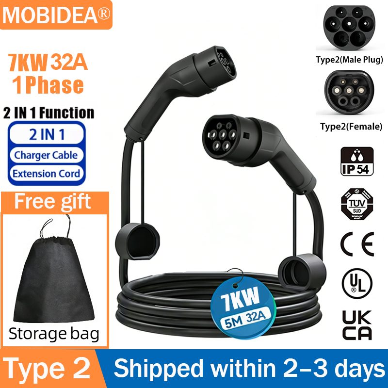 MOBIDEA 7KW 32A Type2 から Type2 EV 充電ケーブル 5 メートル TPU IP65 オスからメス電気自動車充電器コード Tesla BYD VW XP 用