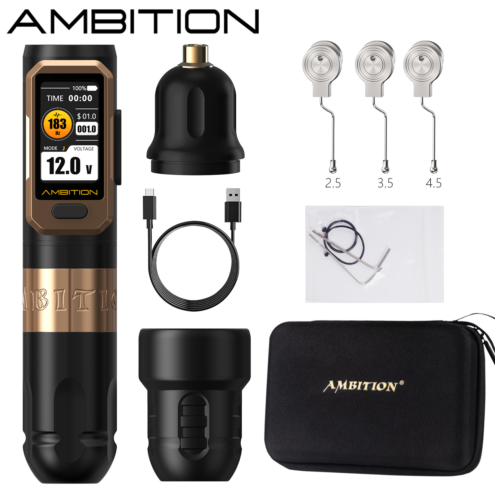 Ambition Vibe ウルトラブラシレスモーターワイヤレスタトゥーマシンストローク 2.5-3.5-4.0-4.5 ミリメートルペン 2400mAh 容量 1-12V 請求バッテリー