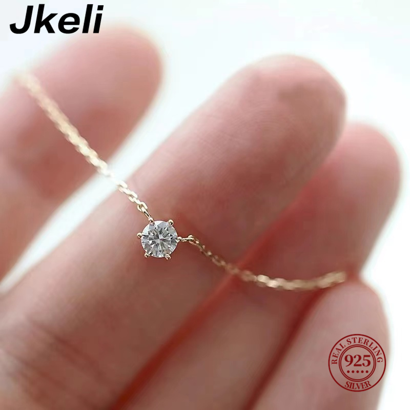 Jkeli 925 スターリングシルバー 18 18k ゴールドメッキネックレスシングルスパークリングジルコン鎖骨チェーン女性のウェディングジュエリー Collares