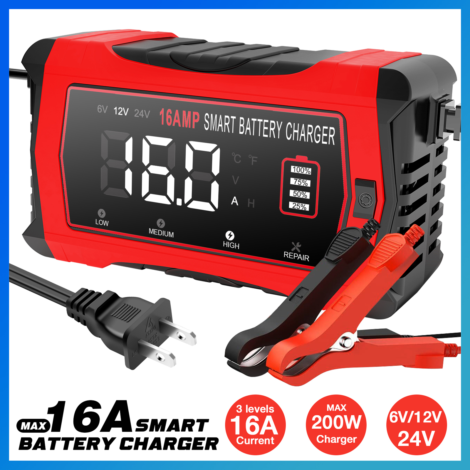 6V 12V 24V 16A ユニバーサル修理車のバッテリー充電器インテリジェント修理オートバイ充電器鉛酸 AGM ゲル LiFePO4 バッテリー