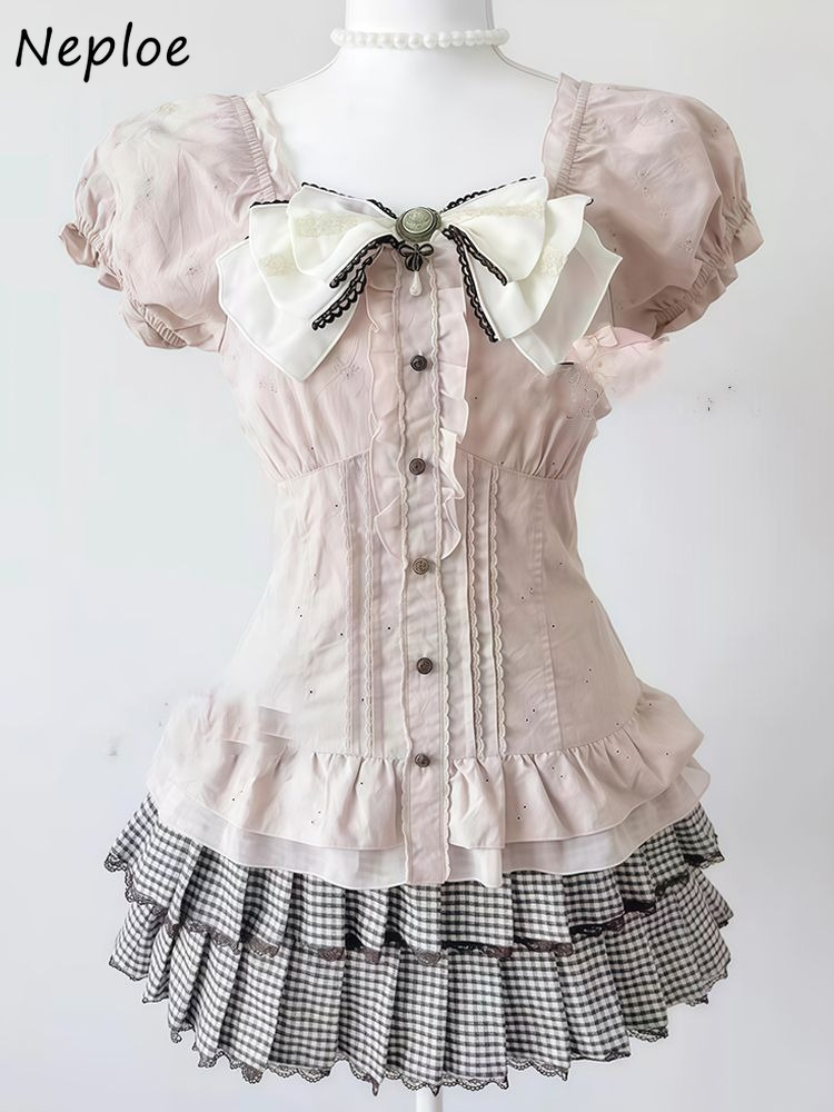Neploe 日本のチェック柄ケーキショーツセットスカート菌パフスリーブリボン甘い Ropa Mujer スリムプレッピースタイル小さな仲間スーツドレス