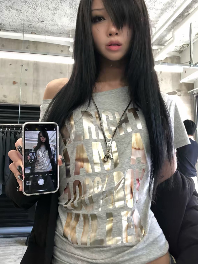夏の女性 Y2K グランジストリートパーティーゴールド箔レタープリントヘザーグレールーズフィットオフショルダー半袖カジュアル Tシャツ