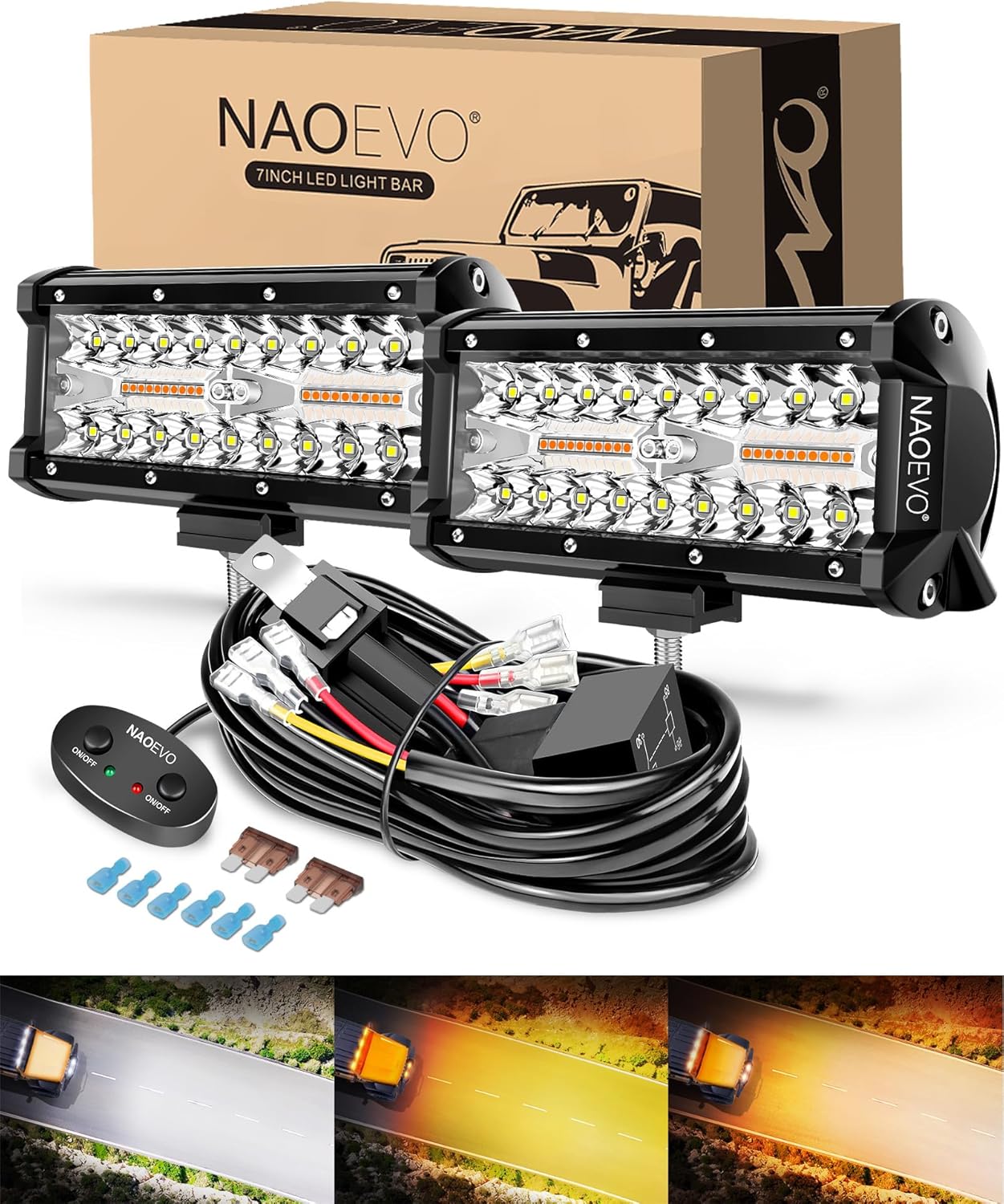 NAOEVO 7 インチ LED ライトバー 240W コンボ ホワイト アンバー ドライビング フォグ ライト 配線ハーネス付き トラック ATV UTV 4x4 ボート オフロード使用用