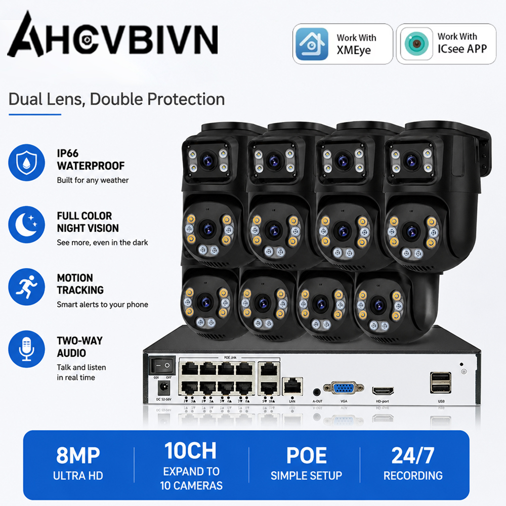 デュアルレンズ 8MP POE PTZ IP カメラシステム屋外 4K PTZ ホームセキュリティカメラセット双方向オーディオ 10CH 4K PoE NVR キット ICsee/XMeye