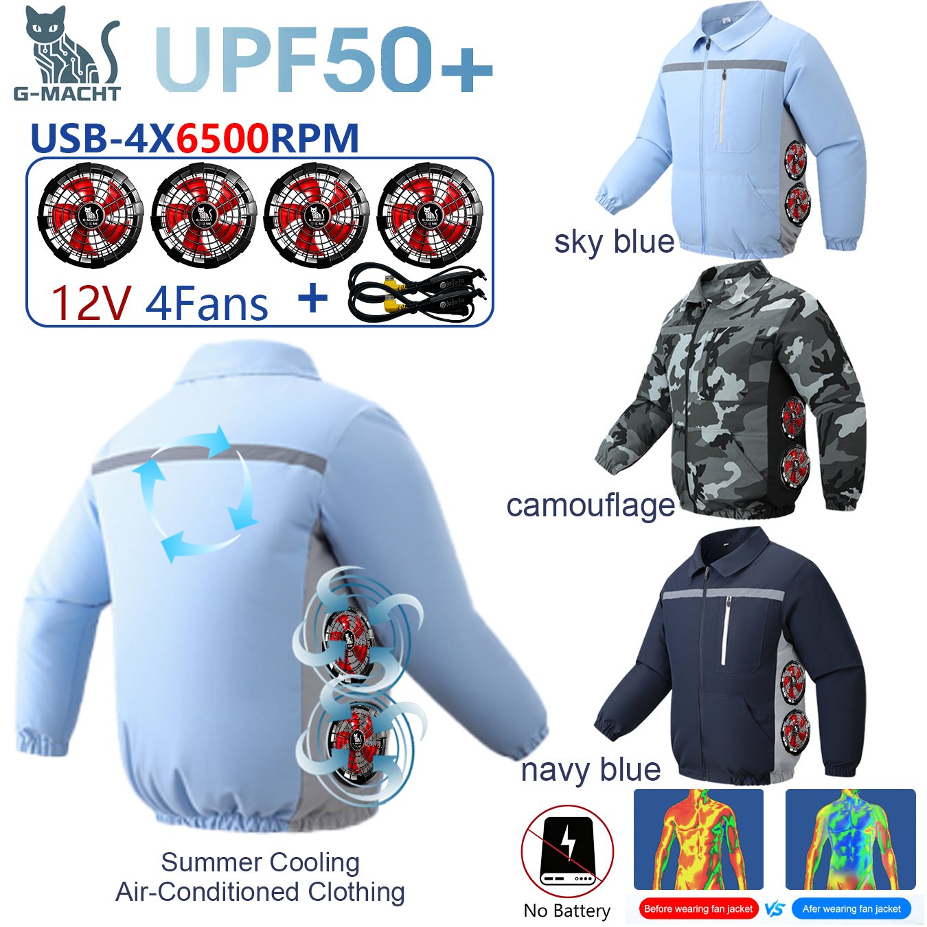 SUB 12V/5V 4Fans Smart Air Conditioning Clothes Men Cooling Jacket Sun Protection Breathable Workwear For Fishing Hiking Outdoor