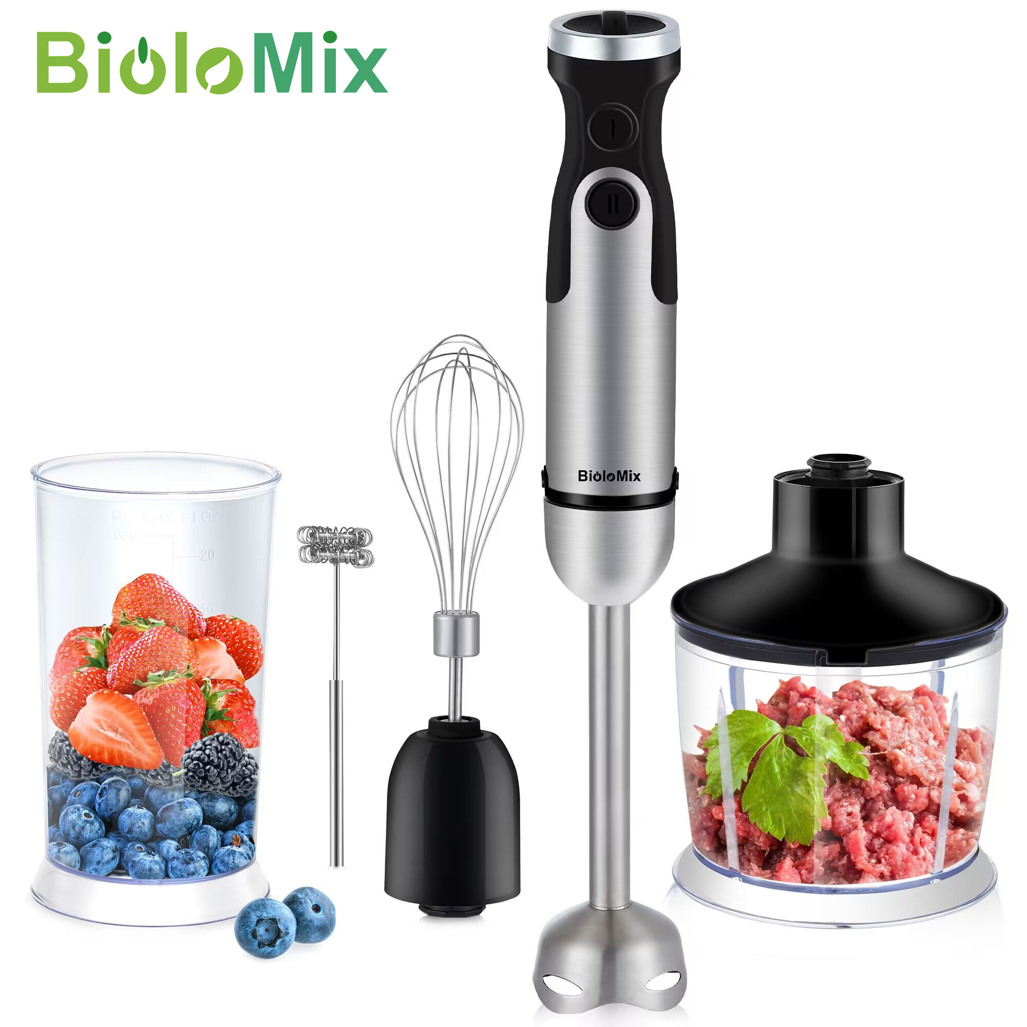 BioloMix 1200 ワット 5-in-1 浸漬ハンドスティックブレンダーミキサー野菜肉グラインダー 800 ミリリットルチョッパー泡立て器 600 ミリリットルスムージーカップ
