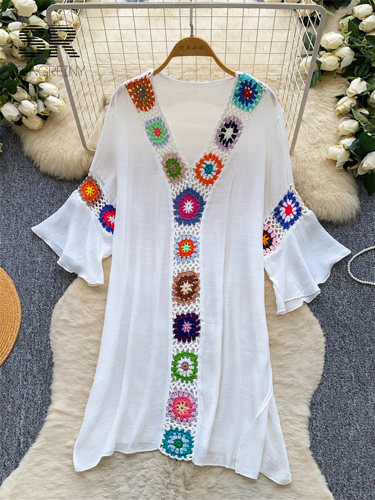 SINGREINY 刺繍ボヘミアンドレス夏の女性の V ネックフレアスリーブカラフルなパターンフックフラワー中空ビーチホリデードレス