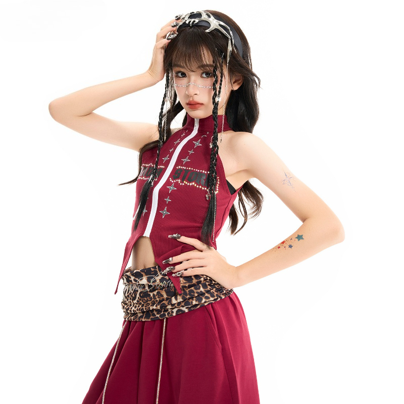 新しい女の子ジャズダンスの服セットブルゴーニュベストだぶだぶのパンツヒップホップ衣装グループストリートダンス衣装ステージパフォーマンス着用