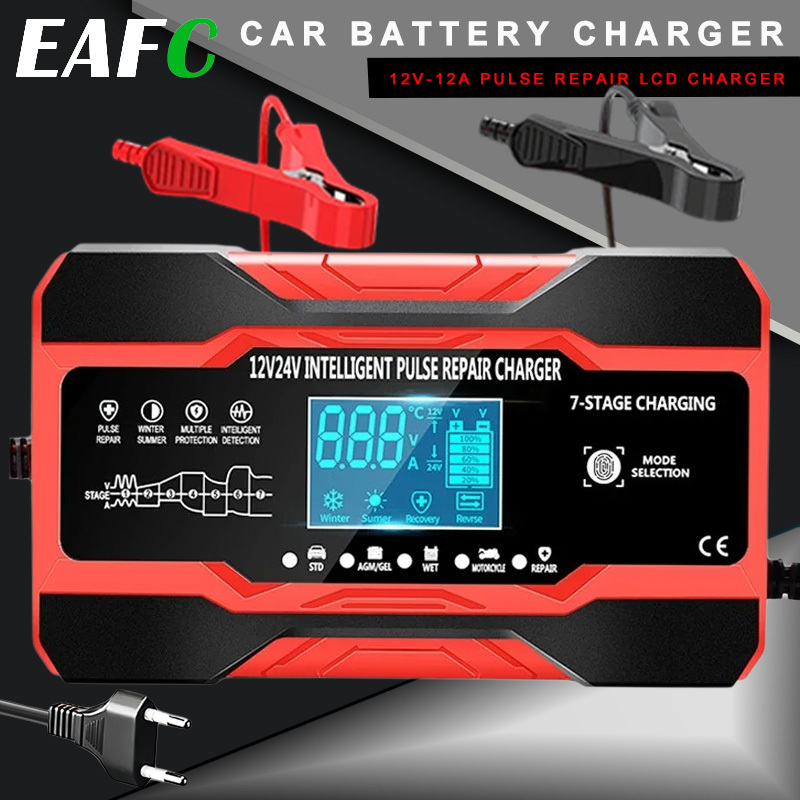EAFC 12V-24V 全自動車のバッテリー充電器 10A 180 ワットデジタル車のバッテリー充電器パルス修理充電器ウェットドライ鉛酸