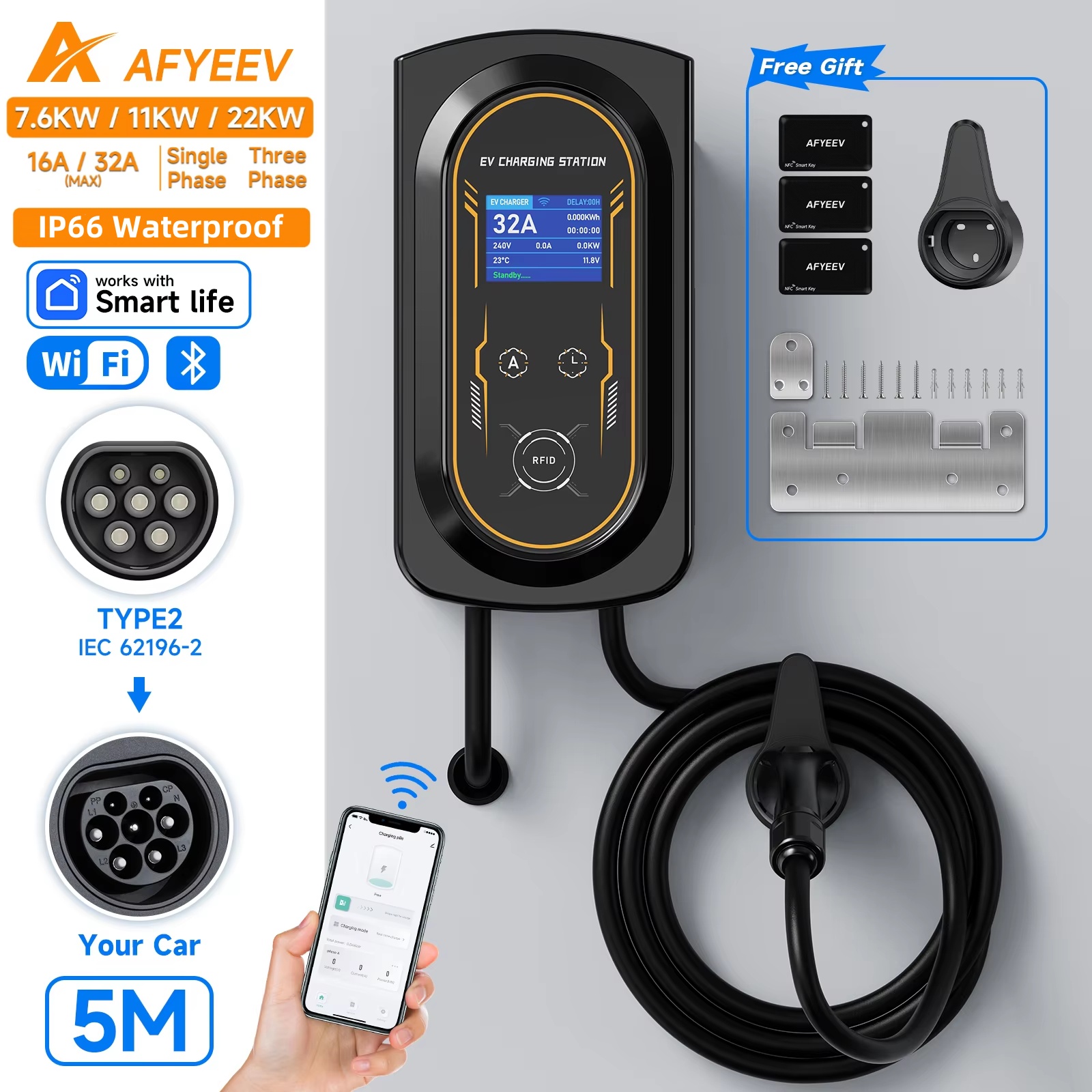 AFYEEV 11KW/22KW 新しい Type2 IEC62196-2 16A/32A EV 充電ステーション 7.6KW 電気自動車ウォールボックス充電器アプリリモコン CEE プラグ