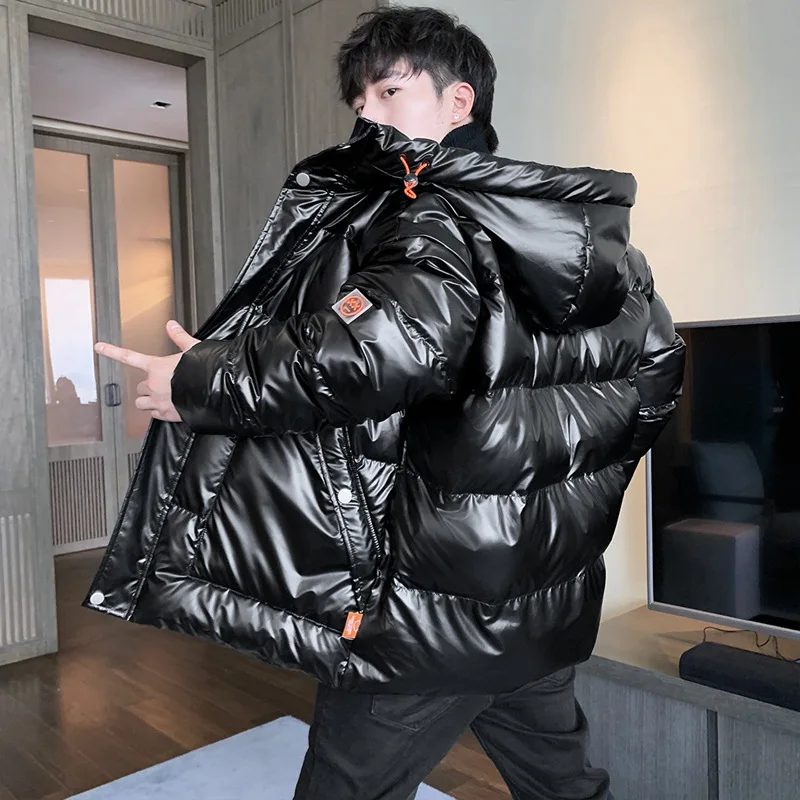 サーマルコートメンズ厚く暖かい光沢のある光沢のあるジャケットブランド生き抜く紳士服冬メンズフード付きパーカーウインドブレーカーファッション
