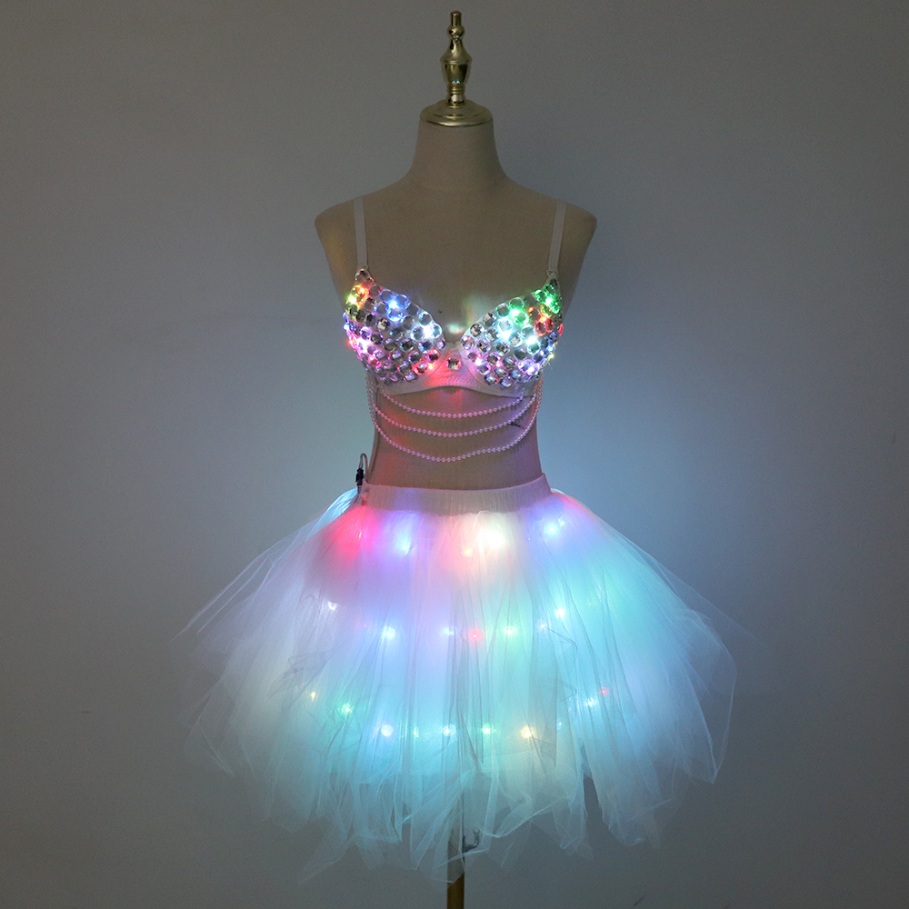 新しい LED ブラジャーチュチュスカートカラフルなフラッシュダイヤモンドブラジャーベリーダンス LED スカートクリスマスダンスパーティーセクシーガールライトアップ衣装
