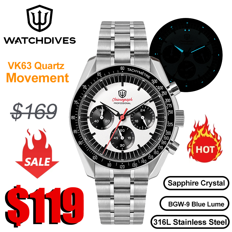 Watchdives WD1863 クロノグラフ腕時計 VK63 スイープセコンド機械式クォーツムーブメントバブルサファイア 100 メートル防水ヴィンテージ時計