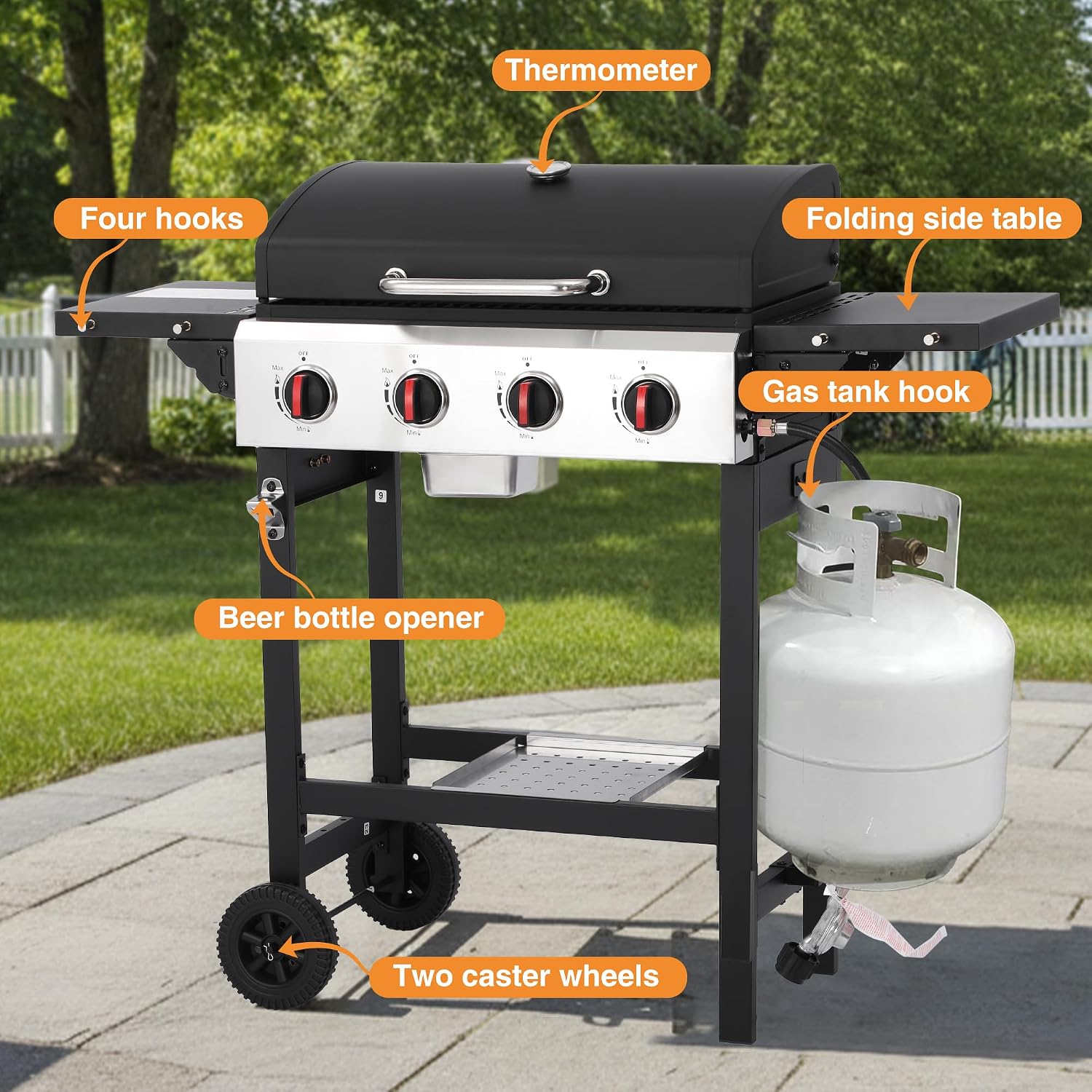 4バーナープロパンガスグリル、鋳鉄格子付きポータブルBBQ