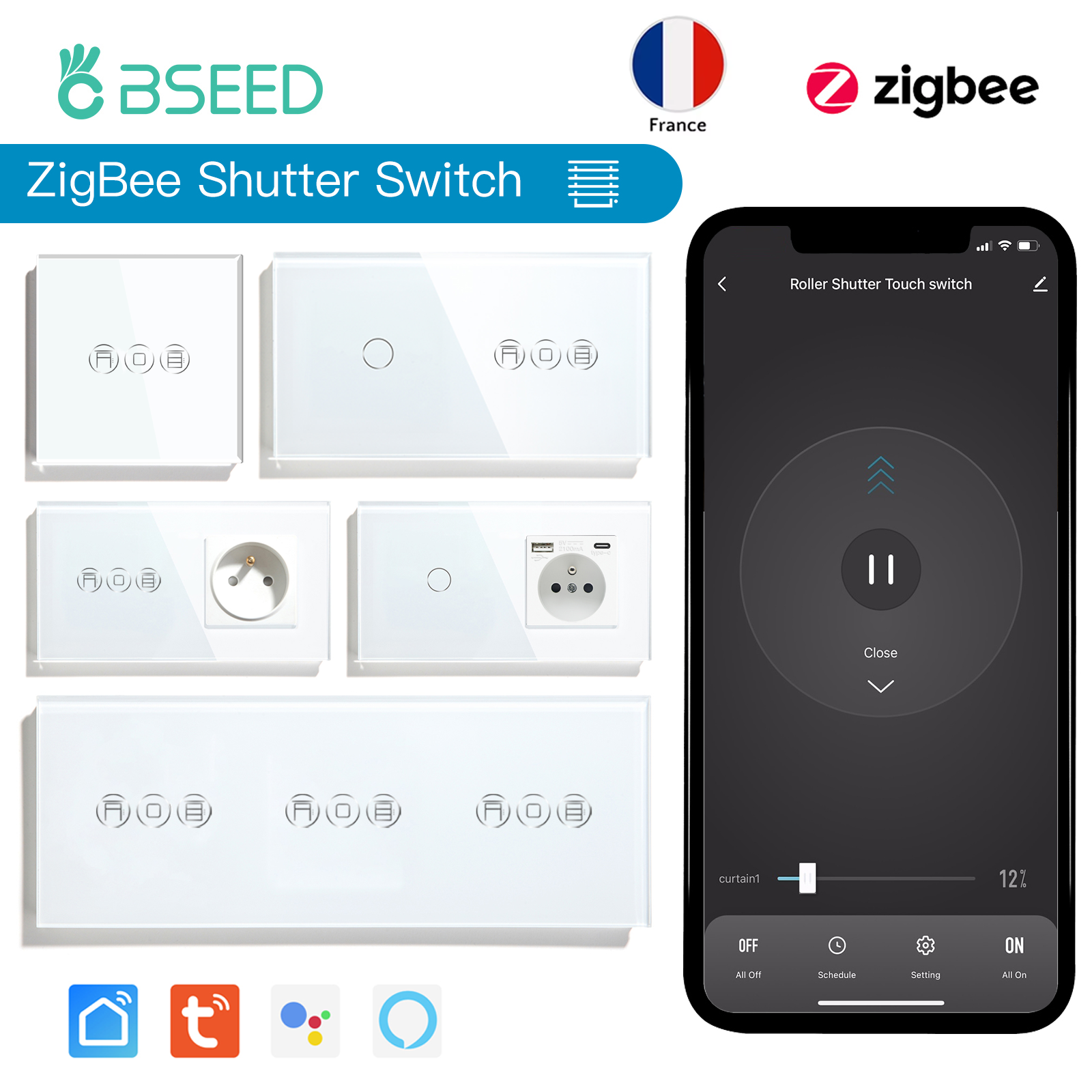 BSEED Zigbee スマート ローラー シャッター スイッチ ライト ブラインド スイッチ Tuya スマート ライフ プラス フレンチ ウォール ソケット USB タイプ C ガラス パネル