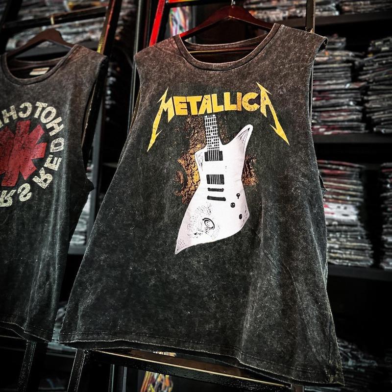 アメリカンロックバンドプリントヴィンテージウォッシュスポーツベスト綿ノースリーブメンズ Tシャツヒップホップジム服タンク​​トップ夏 2025