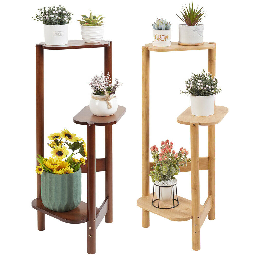 3段竹製植物スタンド屋内、植物スタンドホルダー、コーナー植物棚、コーナーバルコニーと寝室用の植物ディスプレイラック