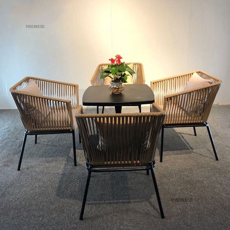 北欧アルミ合金屋外テーブルと椅子セットヴィラ中庭ガーデンレジャー麻ロープ椅子屋外ガーデン家具セット