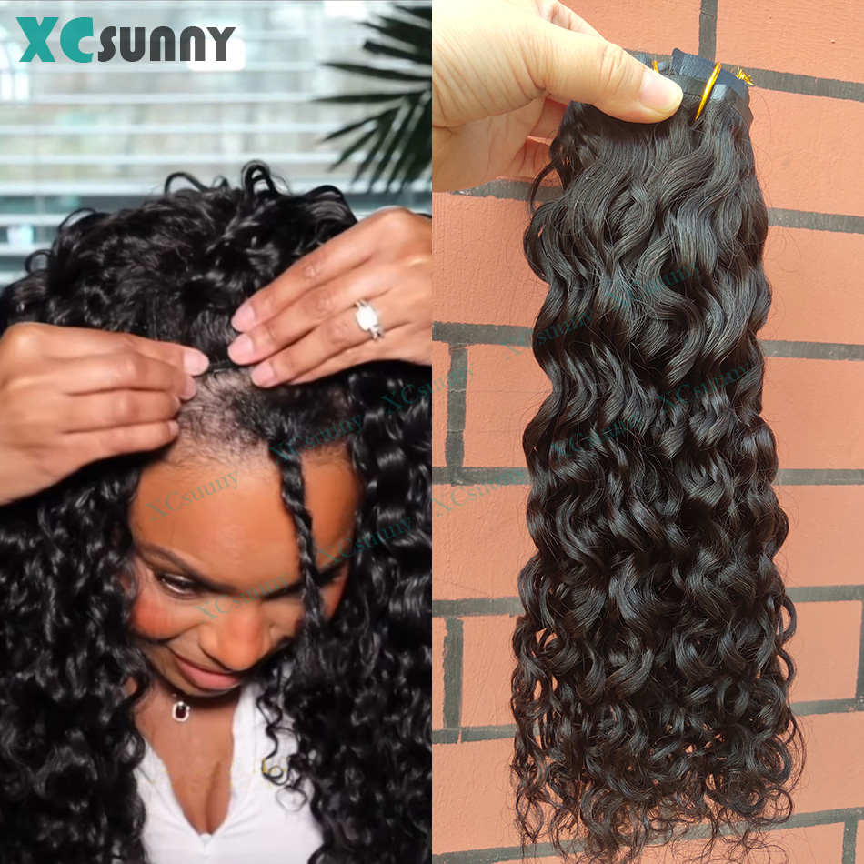 PU クリップでヘアエクステンション人毛水波シームレスカーリー人毛クリップインダブル描画スキン横糸クリップで髪