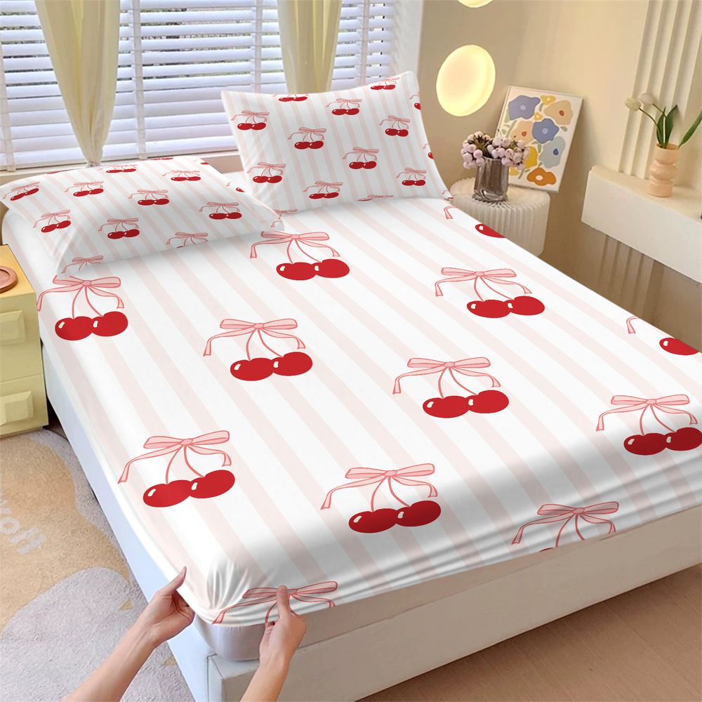 3 個かわいいチェリーボウプリント寝具セットボックスシーツセットソフトベッドシーツセット女の子の寝室の美的部屋の装飾オールシーズン