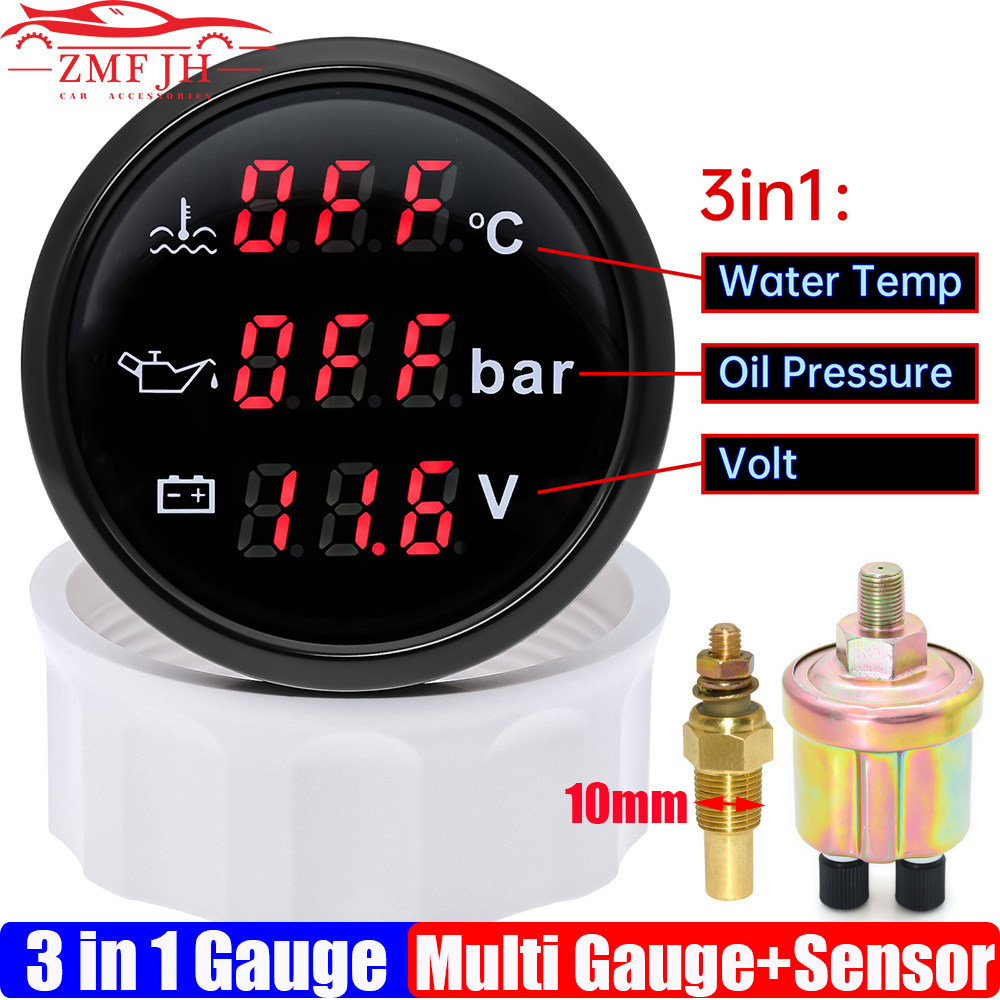 3 in 1 デジタル 52 ミリメートルゲージアラーム付き 0 〜 120 ℃ 水温ゲージ油圧電圧オイルプレス/水温センサーカスタム