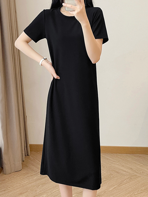 初秋の新作黒半袖ドレス、レディースストレートチューブルーズフィットスリミングラウンドネックTシャツ、ロングスカート