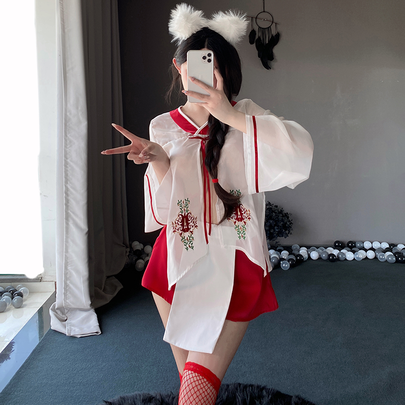 日本のセクシーなシフォン刺繍着物ホット制服誘惑女性のエロ下着スーツコスプレトップスカートパンティー服