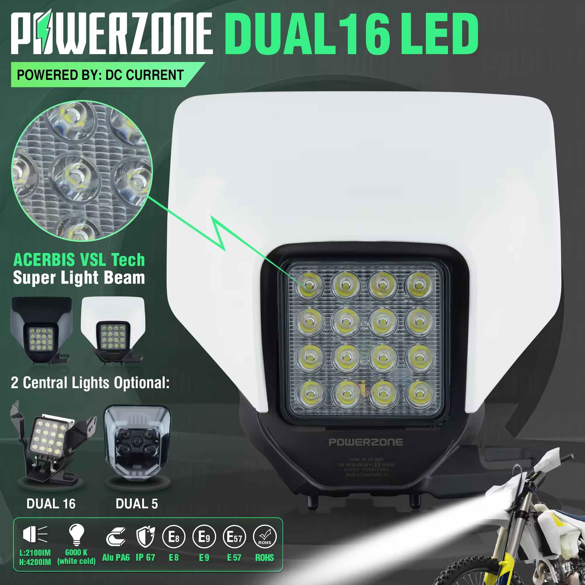 PowerZone オートバイ LED ヘッドライトヘッドランプライトスーパーモトフェアリングハスクバーナ FC TC FE TE MX ダートバイクエンデューロ LED ヘッドライト