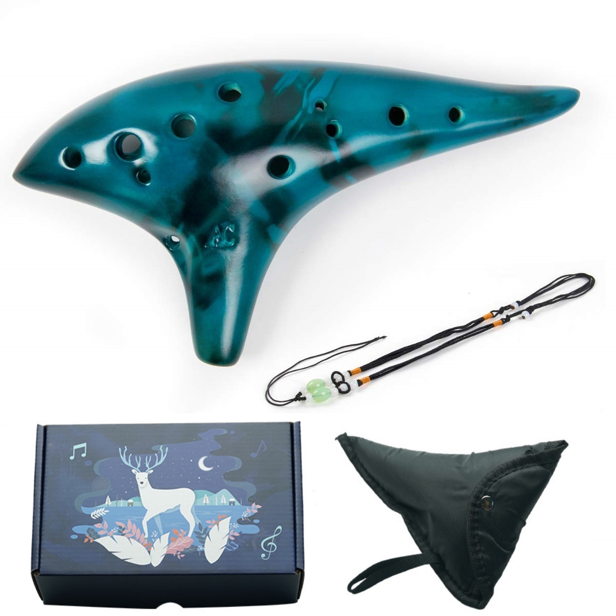 Ocarina12 トーン アルト C セラミックオカリナ楽器 ソングブック付き ネックストリング ネックコード キャリーバッグ 初心者へのギフトに最適