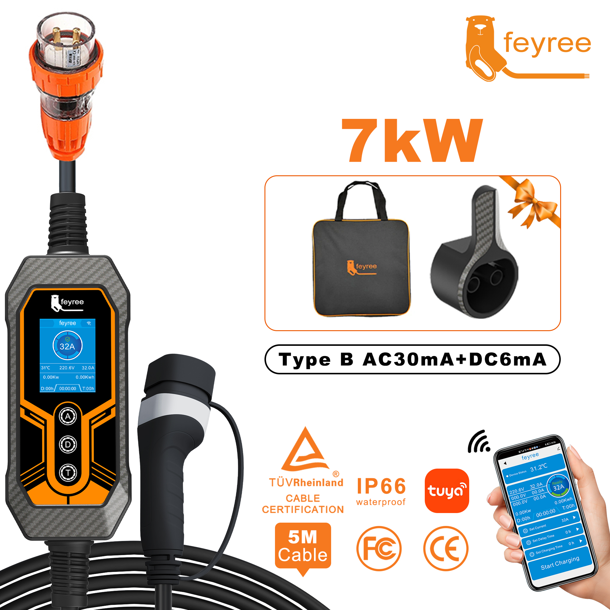 Feyree ポータブル EV 充電器 Type2 32A 7KW AU プラグ付き 電源側スマート WiFi アプリ 現在のタイミング充電を調整 EV 車用