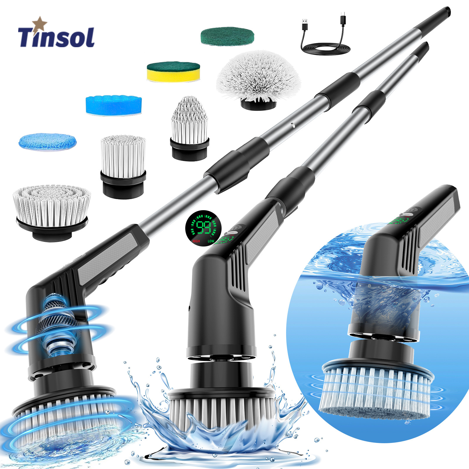 TINSOL 9-in-1 多機能電動クリーニングブラシ調整可能な自動回転スクラバーキッチン