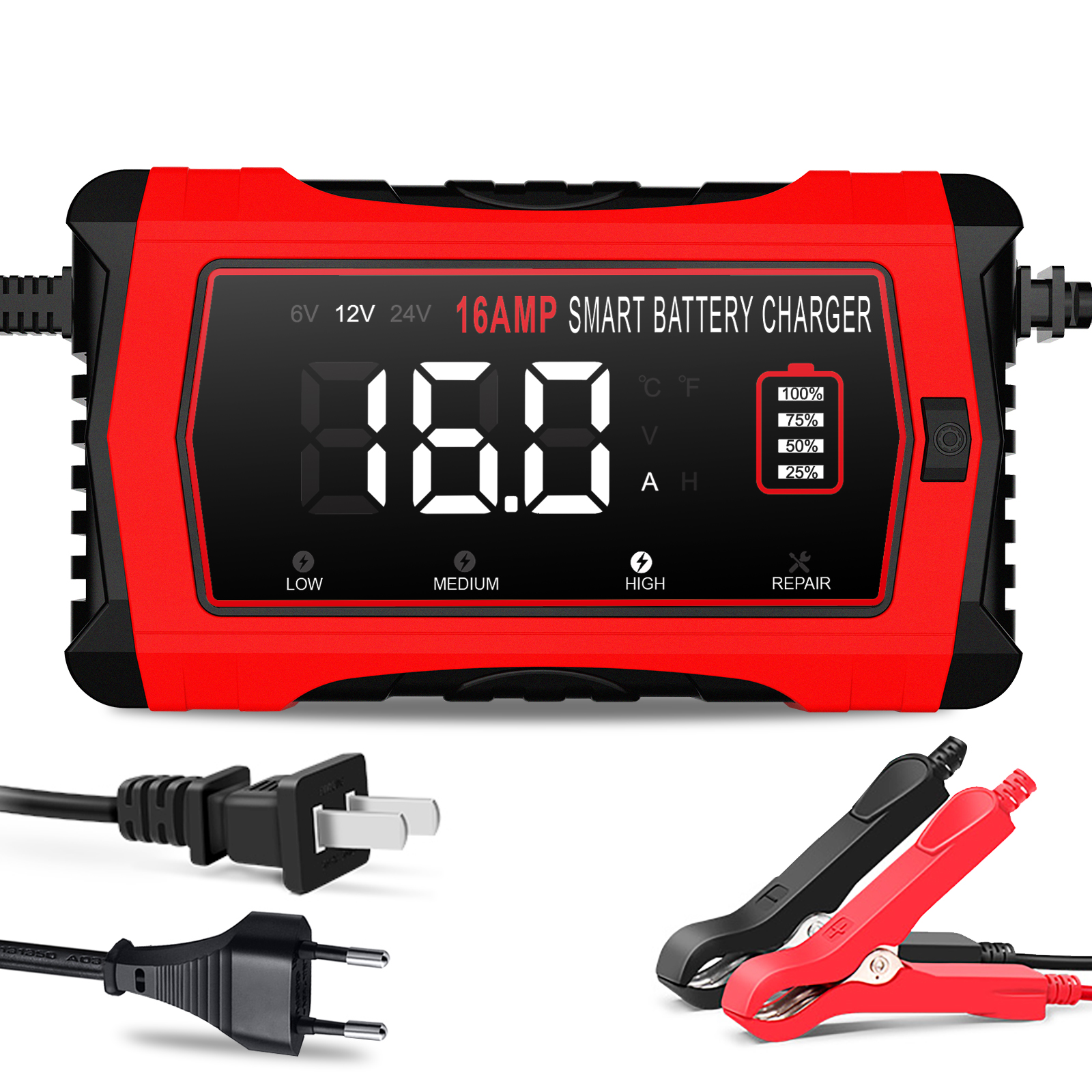 6V 12V 24V 16A ユニバーサル修理車のバッテリー充電器インテリジェント修理オートバイ充電器鉛酸 AGM ゲル LiFePO4 バッテリー
