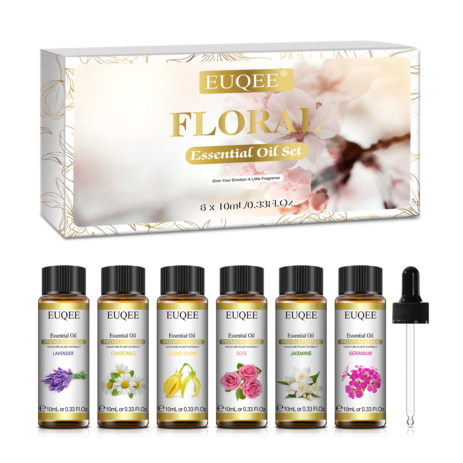 EUQEE フローラル エッセンシャル オイル 6 ボトルセット ディフューザー用、キャンドル作り用 - ローズ ラベンダー イランイラン ジャスミン ゼラニウム カモミール