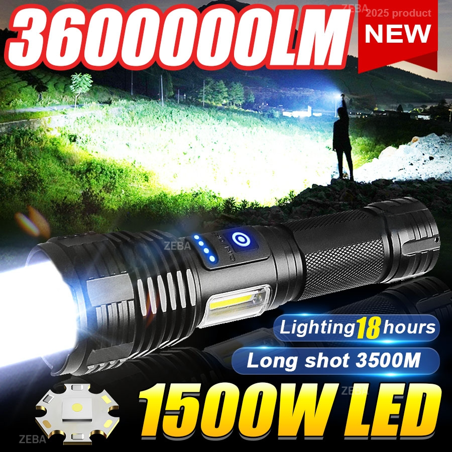 1500 ワット LED 超高輝度懐中電灯 USB 充電式防水戦術的なトーチサイドライト屋外釣りアドベンチャーランタン