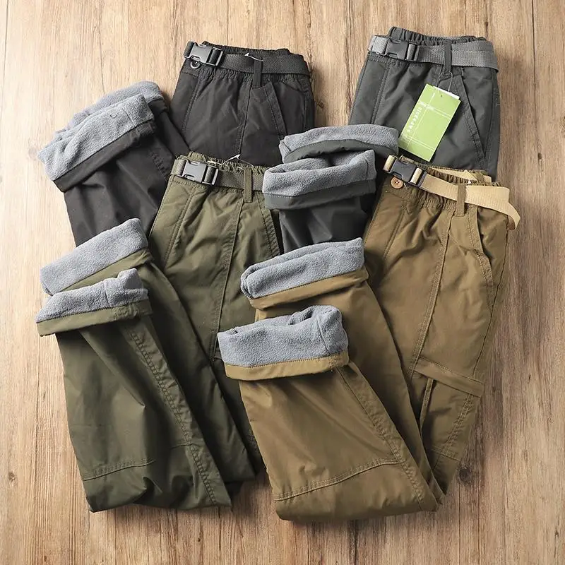 屋外ハイキングパンツメンズ肥厚フリース防風防水ソフトシェルストレートレッグ作業服ズボン耐寒暖かい